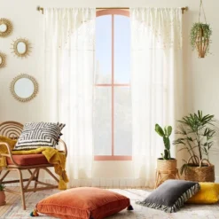1pc Sheer Banded Geo Macrame Window Curtain Panel White - Opalhouse⢠Designed With Jungalowā¢