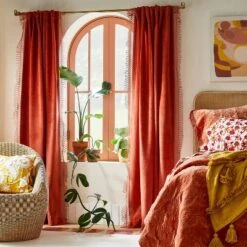1pc Light Filtering Velvet Macrame Trim Window Curtain Panel Burnt Orange - Opalhouse⢠Designed With Jungalowā¢